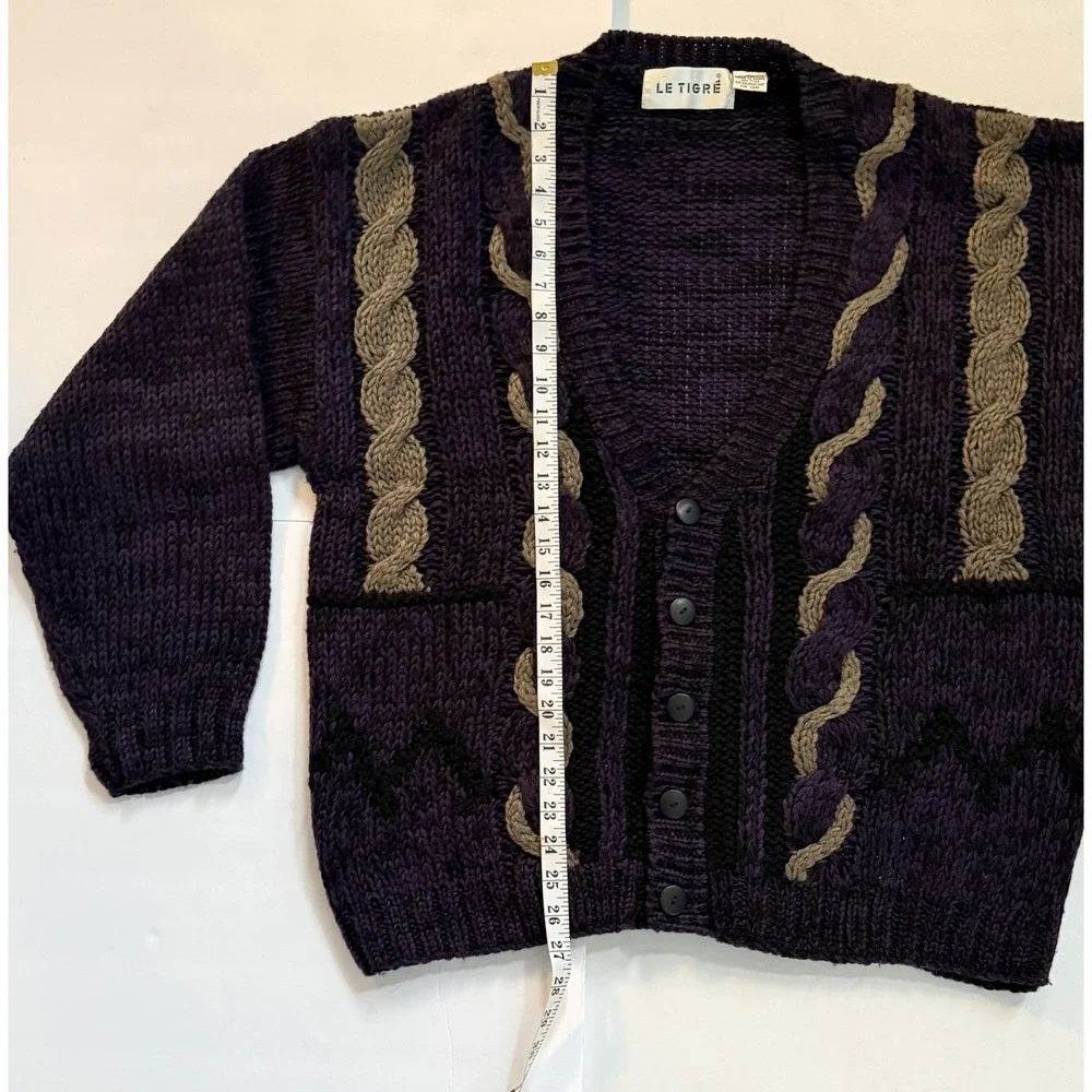 Vintage Le Tigre Cardigan Purple and Brown XL Chunky Knit Cosby Grandpacore